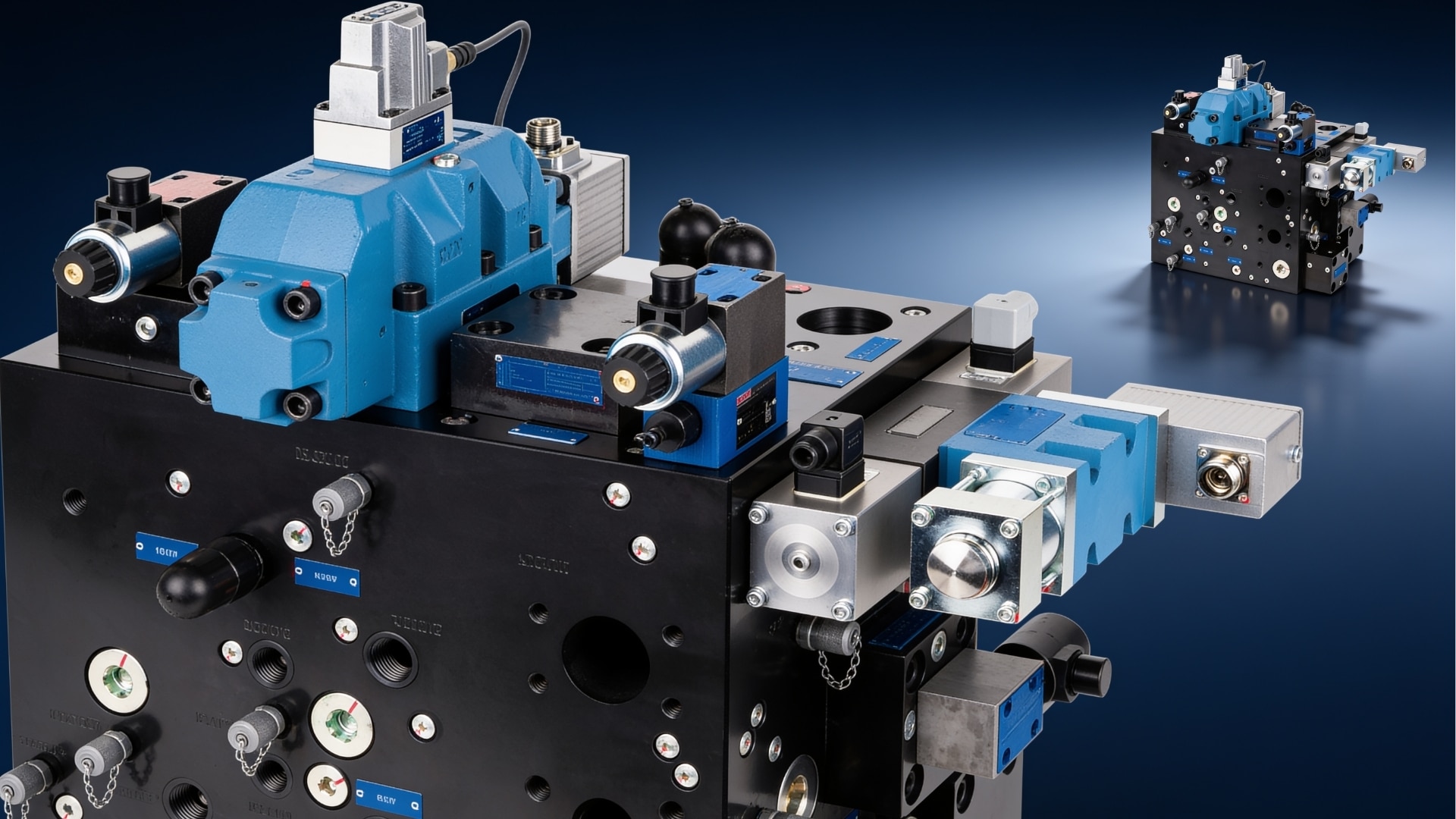 "Connection side of the hydraulic manifold block" or "Side view of the M-HSM service manifold"