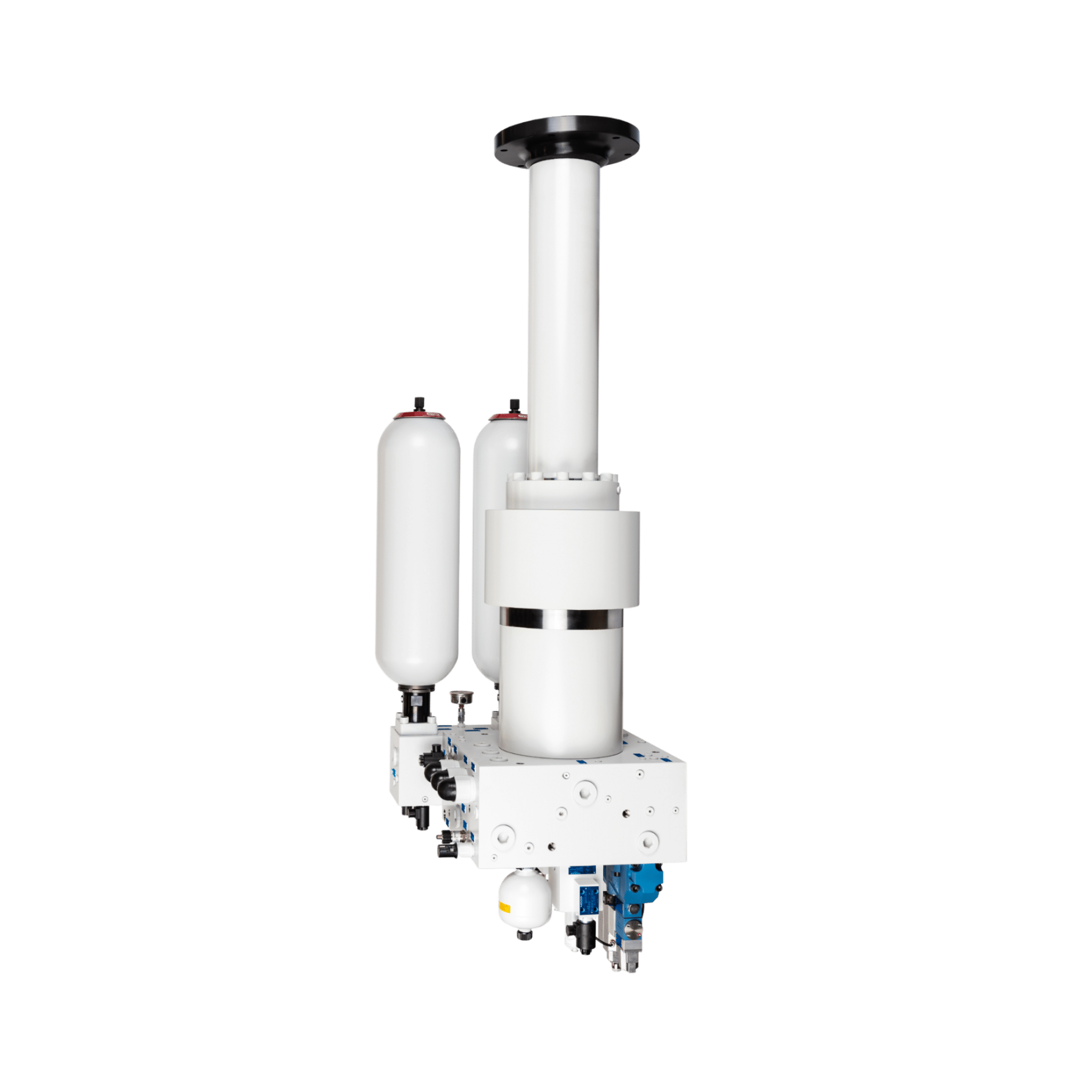 Modulares Ziehkissensystem von AXXERON Hydrolux mit Hydraulikzylinder, Druckspeichern und integrierten Steuerblöcken